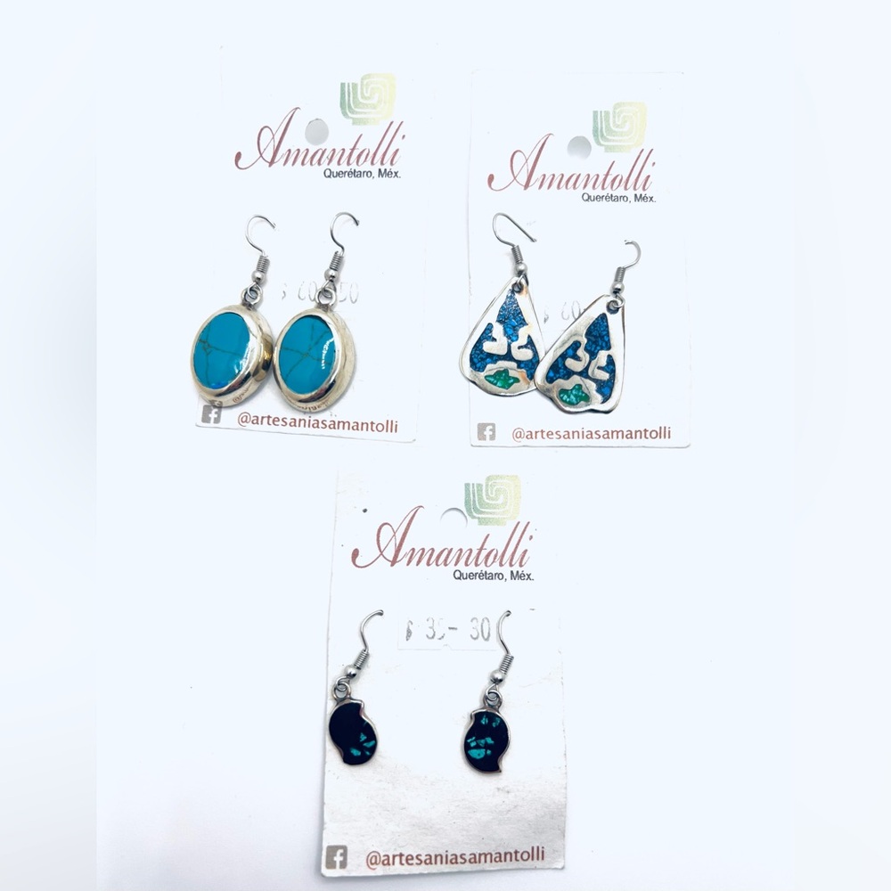 Amantolli Mexican Silver Turquoise Inlay Drop Earring Lot Of 3